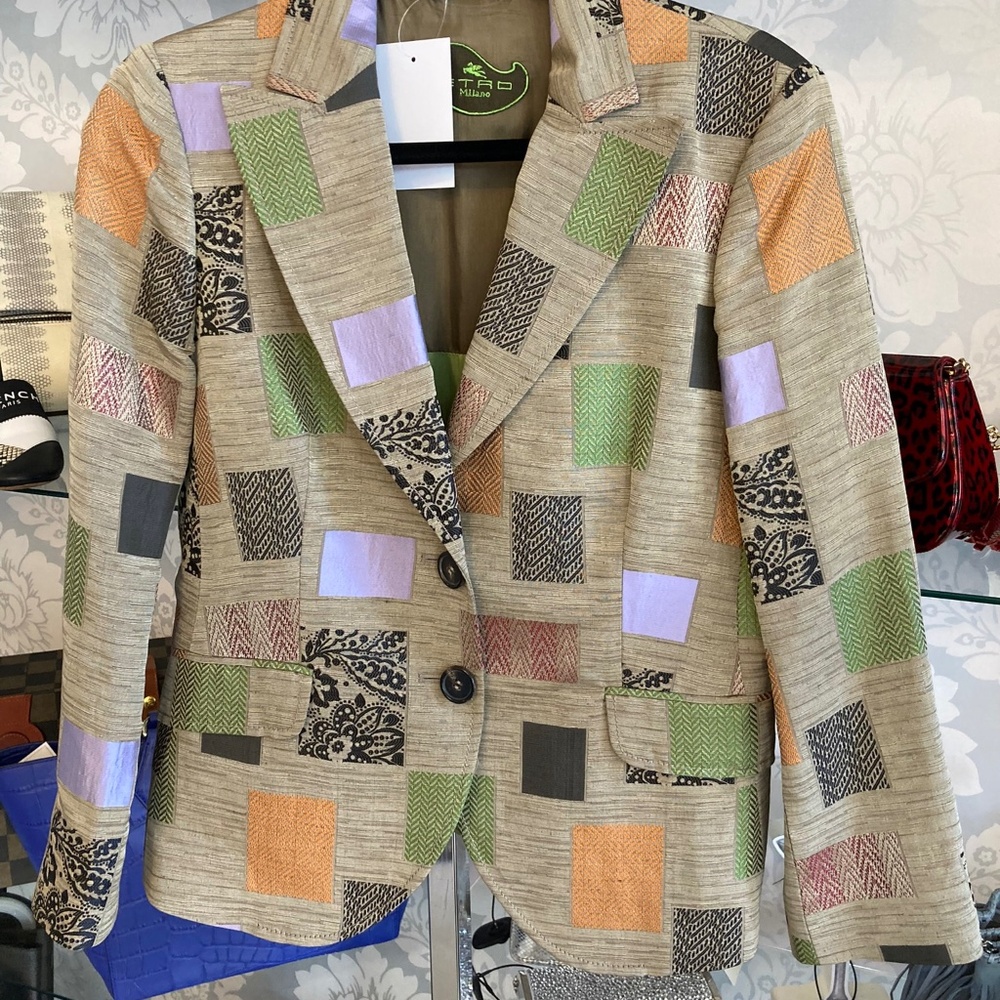 Etro Milano Tan Patchwork Silk Embroidered Jacket – Size 46